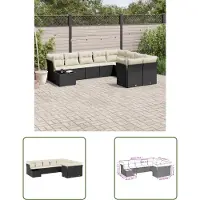 The Living Store 10 pcs. salon de jardin avec coussins noir poly rotin