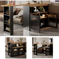 Flieks Table de salle à manger Table de bar pivotant à 360°, table de cuisine extensible avec armoire, table haute Sideboard avec LED, noir