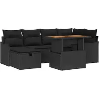 Syfax Salon de jardin modulable 7 pièces, canapé d'angle avec coussins, polyrotin noir texturé, hauteur de table réglable, capacité 6 places