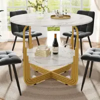 SUCCESS COURIER Table à manger ronde moderne (Ø 80 cm) aspect marbre blanc, table de cuisine compacte avec compartiment de rangement supplémentaire, table design robuste pour 2 à 4 personnes, blanc/doré