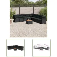 The Living Store 10 pcs. salon de jardin avec coussins noir poly rotin