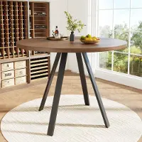 Sweiko Table de salle à manger ronde (80×80×75cm), Table de cuisine,, Table basse ronde pour 4,convient pour la salle à manger, le salon,Pieds de table en métal,Bureau couleur noyer et pieds noirs