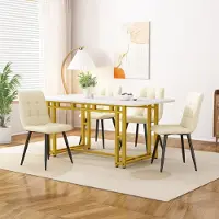 Flieks Table à manger rectangulaire Table de cuisine avec pieds en métal doré, table de salle à manger avec motif en marbre, table de travail bureau, or, 120x70x74 cm