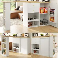 Flieks Table de bar pivotant à 360 degrés, table de cuisine salle à manger avec armoire, table haute avec étagère, casier à vin et tiroirs, blanc