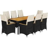 Syfax Ensemble à manger de jardin 9pcs coussins noir résine tressée