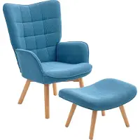 HOMCOM Fauteuil avec repose-pieds, fauteuil à oreilles à dossier haut, pieds en bois, velours côtelé bleu