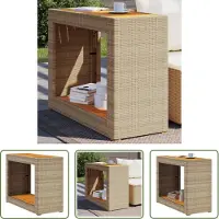The Living Store Table d'appoint de jardin avec plateau en bois Beige Poly Rattan