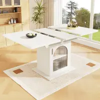 MODFU Table À Manger Extensible, Avec Plateau MDF Et Verre Et Rangements Multiples, 110-140 x 80 x 76 cm - Blanc