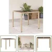 The Living Store Table de jardin avec plateau en verre Beige 90x90x75 cm Poly Rattan