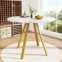 UnboxG Table ronde 80x80x75cm - Pour 4 pers., plateau marbre blanc, pieds métal dorés, salle à manger/salon