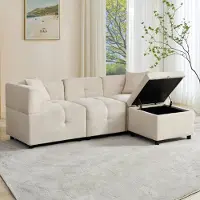 Merax Canapé d'angle , canapé 3 places avec fonction sommeil, coffre de lit, canapé de salon en L avec 2 coussins, ensemble de salon, chenille, beige