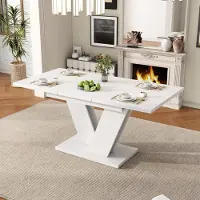 OKWISH Table à manger extensible, pour 4–6 personnes, plateau rectangulaire épais, pieds en V, couleur blanche