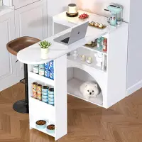 Flieks Table de repas Table de bar avec plateau extensible, table de travail Table de salle à manger avec étagère et espace pour animaux domestiques, 80/120x40x100 cm, Blanc