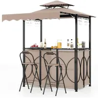 Costway Pavillon de barbecue 3 pièces avec bar & 2 tabourets de bar, pavillon de jardin avec double toit & store, abris pour barbecue résistant aux intempéries, 193x117x240cm brun