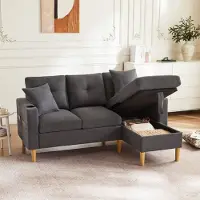 Merax Canapé d'angle , Canapé en L avec coffre de rangement, porte-gobelet, 2 coussins fournis, Canapé de salon, Canapé, Ensemble de canapés, Lin, Gris foncé