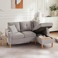 Merax Canapé d'angle, Canapé en L avec coffre de rangement, porte-gobelet, 2 coussins fournis, Canapé de salon, Canapé, Ensemble de canapés, Lin, Gris clair