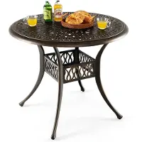 Costway Table de jardin avec trou pour parasol, table ronde de balcon en fonte d'aluminium, table de terrasse résistante aux intempéries pour le jardin, aspect antique, 90 x 90 x 74 cm