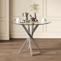 MODFU Table à manger - Design contemporain avec plateau en verre trempé et pieds en métal pour salle à manger - 80 × 80 × 75 cm - Argent