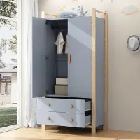OKWISH Armoire 2 portes, en panneaux agglomérés, penderie avec tringle et 2 tiroirs – bleu