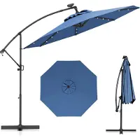 Costway Parasol φ300cm, Parasol ampli avec 32 LEDs solaires & manivelle, angle d'inclinaison réglable, Parasol de marché Parasol de terrasse bleu