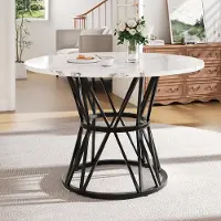 SUCCESS COURIER Table à manger ronde moderne (Ø 100 cm) aspect marbre blanc, grande table de cuisine avec piètement métallique noir robuste, table à manger design pour 4 à 6 personnes, blanc/noir