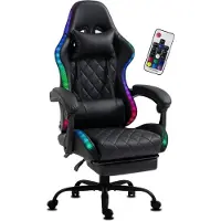 Delman Gaming Chair Chaise de bureau Ergonomique RGB LED Eclairage Cuir synthétique Fauteuil avec repose-pieds Piétement métallique 02-0055BK