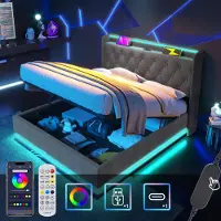 Sweiko Lit double rembourré, LDE160 x 200 cm,Gris Matériau lin Lit de camp hydraulique, tête de lit avec USB Type-C Sans matelas