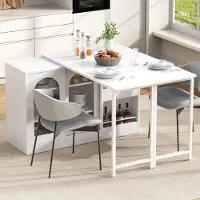 MODFU Meuble Bar Pivotant 360° avec Rangements et Table Extensible, Table de Bar Multifonction pour Cuisine ou Salon - MDF + Métal - Blanc