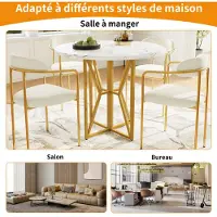 OKWISH Table À Manger Ronde - Avec Plateau MDF Marbré Et Pieds Métal Doré, 80 x 80 x 76 cm - Or Et Blanc