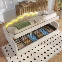 MODFU Lit Coffre Banquette 90x200 cm - Lit avec Coffre de Rangement et LED Multicolore - Sans Matelas - Velours + MDF - Beige