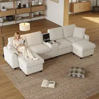 Merax Canapé d'angle en U avec 2 poufs, USB, Type-C, table basse & porte-gobelets, 2 coussins,Canapé 4 places avec sommier, canapé, tissu velours côtelé, Beige
