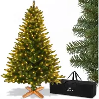 Veska Premium Sapin de Noël artificiel 180cm - avec support en bois, Sapin de Nordmann, Sapin artificiel, Fidèle à la nature, branches denses avec LED