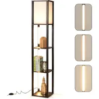 Costway Lampadaire 163 cm avec étagères, lampe à étagères en bois avec bandes LED réglables sur 3 niveaux & interrupteur à pied, lampe sur pied présentoir-étagère moderne