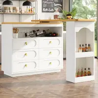 Flieks Table de bar pivotant à 360 °, table de cuisine avec 6 tiroirs et étagères ouvertes, sideboard commode, 137-203x39x90 cm, blanc