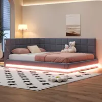 OKWISH Lit Gigogne 160x200 cm - Lit Double avec LED et Prise USB, Rangement et Dossier Rembourré, Tissu Contreplaqué MDF, Sans Matelas - Gris