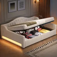 OKWISH Lit Gigogne 140x200 cm – LED Réglable Sans Matelas – Beige