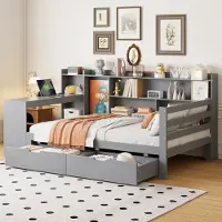 MODFU Lit Gigogne 90x200 cm - Avec Bureau et Bibliothèque, Lit Simple Avec Rangement Intégré, Sans Matelas, Bois Gris
