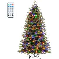 Costway Sapin de Noël artificiel 210cm, Sapin avec éclairage, 11 modes d'éclairage, 3 minuteries automatiques, 4 niveaux de luminosité&télécommande