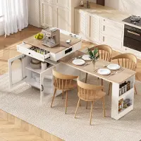 Merax Table de cuisine îlot à roulettes, table de repas extensible, multiprise LED, table de bar multifonctionnelle, sideboard, table de cuisine, blanc+naturel