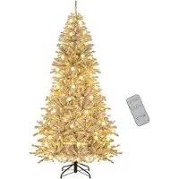 Costway Sapin de Noël artificiel 210cm avec neige, 350 LEDs blanc chaud, 65 ampoules boules, télécommande & minuterie, Sapin de Noël