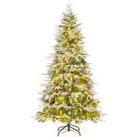 Costway Sapin de Noël artificiel 190 cm avec éclairage et neige, sapin avec 280 lumières LED blanc chaud & 62 pommes de pin