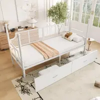 OKWISH Lit Banquette 90x200 cm - Lit Simple Métal avec Tiroirs de Rangement et Dos en Métal, Style Vintage, Sans Matelas - Blanc