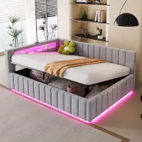 OKWISH Lit Coffre 140x200 cm - Lit Gigogne Avec LED et Port USB, Sommier à Lattes, Velours Gris clair, Sans Matelas