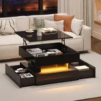 MODFU Table Basse Carrée avec LED et Plateau Relevable - 2 Tiroirs de Rangement, 65 x 65 x 38,5 cm - Noir
