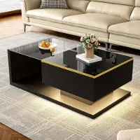 MODFU Table Basse Design avec LED Intégrées et Plateau en Verre Trempé - Meuble de Salon Brillant, 90×50×32,5 cm, Noir