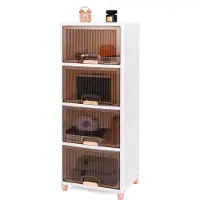 Costway Boîte de rangement 150 L, Lot de 4 boîtes en plastique Bacs à provisions empilables avec portes magnétiques et pieds en bois, 45 x 38 x 117 cm blanc