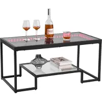 Vevor Table basse Table d'appoint en verre trempé avec éclairage, table rectangulaire en verre à deux niveaux & espace de rangement ouvert, table basse en métal pour salon bureau 100 x 51 x 48 cm Noir