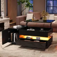 Merax Table basse relevable avec LED, table basse avec tiroir et placard, table d'appoint brillante avec espace de rangement caché, espace de rangement semi-ouvert,Noir