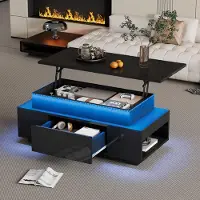 Merax Table basse réglable en hauteur, table de salon brillante avec LED, espace de rangement et tiroir, Pour bureau, fête, études, Noir