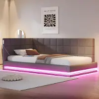 OKWISH Lit Gigogne 90x200 cm - Lit Simple avec LED et Prise USB, Rangement et Dossier Rembourré, Tissu Contreplaqué MDF, Sans Matelas - Gris